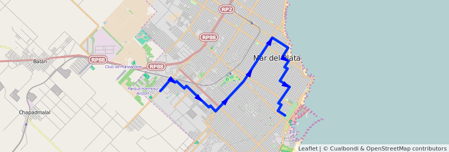 Mapa del recorrido B de la línea 591 en Mar del Plata.