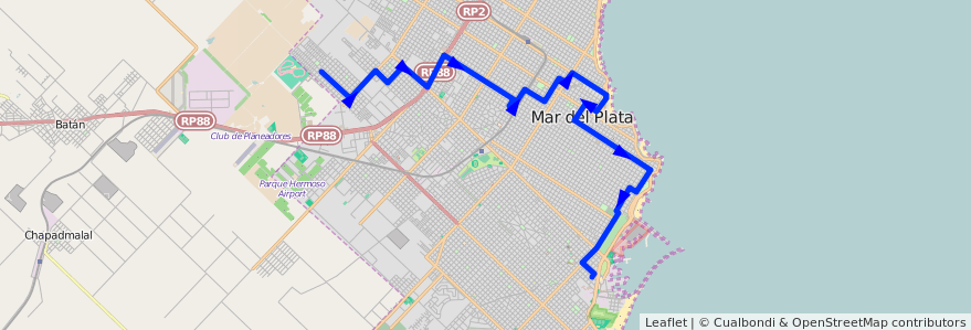 Mapa del recorrido B de la línea 571 en Mar del Plata.
