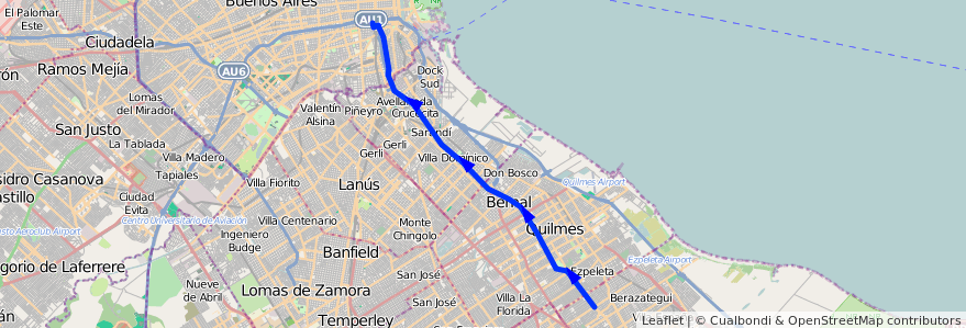 Mapa del recorrido B2 Constitucion-Quilm de la línea 148 en Buenos Aires.