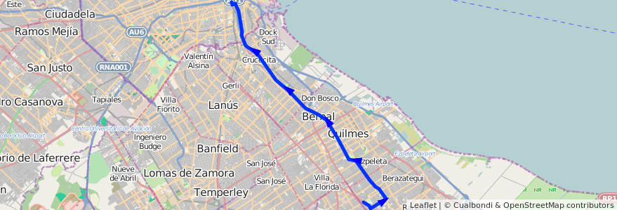 Mapa del recorrido B2 Constitucion-Quilm de la línea 148 en ブエノスアイレス州.