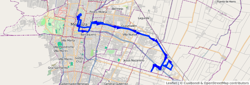 Mapa del recorrido B21 - Rodeo de la Cruz por Carril Godoy Cruz - Ap. Parque de Descanso de la línea G02 en Mendoza.