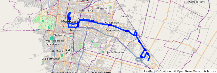 Mapa del recorrido B21 - Rodeo de la Cruz por Carril Godoy Cruz - Bº Santa Rita de la línea G02 en Mendoza.