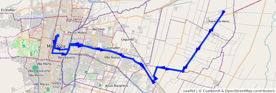 Mapa del recorrido B22 - Corralitos por Carril Godoy Cruz de la línea G02 en 门多萨省.