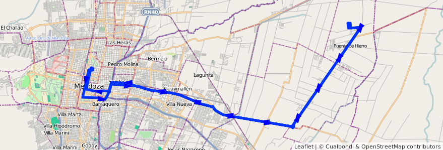 Mapa del recorrido B22 - Corralitos por Carril Godoy Cruz - KM. 14 - Grilli de la línea G02 en Mendoza.