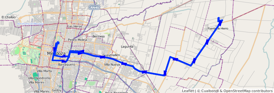 Mapa del recorrido B22 - Corralitos por Carril Godoy Cruz - KM. 14 - Milagros - Malvinas de la línea G02 en Departamento Guaymallén.