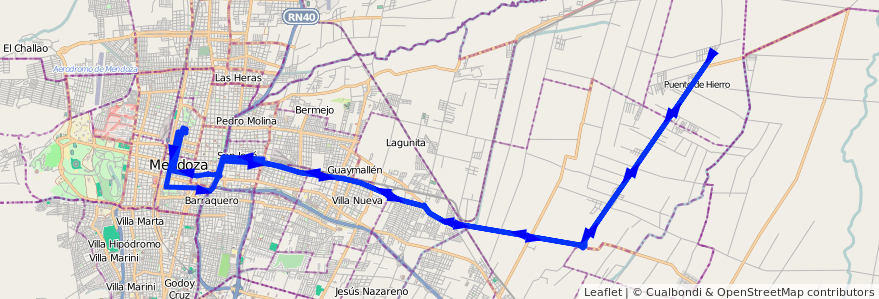 Mapa del recorrido B22 - Corralitos por Carril Godoy Cruz - KM. 14 - Salcedo de la línea G02 en Departamento Guaymallén.