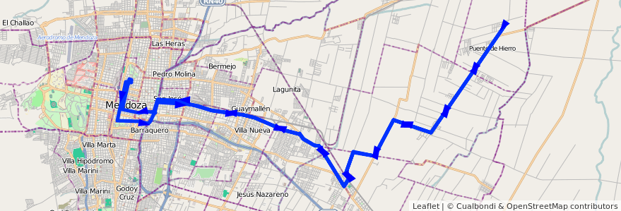 Mapa del recorrido B22 - Corralitos por Carril Godoy Cruz - Milagros de la línea G02 en Мендоса.