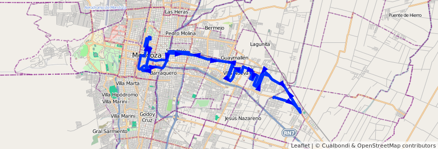 Mapa del recorrido B23 - Santa Ana por Carril Godoy Cruz - Casa de Gob. de la línea G02 en Mendoza.