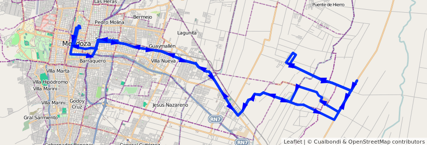 Mapa del recorrido B24 - Primavera por Carril Godoy Cruz de la línea G02 en Mendoza.