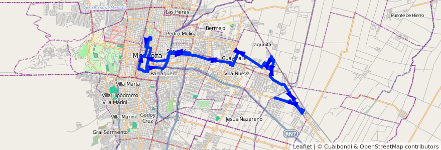 Mapa del recorrido B25 - Buena Nueva - Casa de Gob. de la línea G02 en Мендоса.