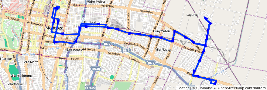 Mapa del recorrido B26 - Bº Paraguay por Roca de la línea G02 en Mendoza.