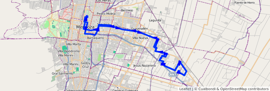 Mapa del recorrido B27 - Escorihuela por Carril Godoy Cruz de la línea G02 en Mendoza.