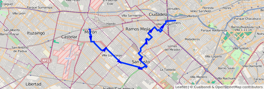 Mapa del recorrido B4 Liniers-Moron de la línea 174 en Buenos Aires.