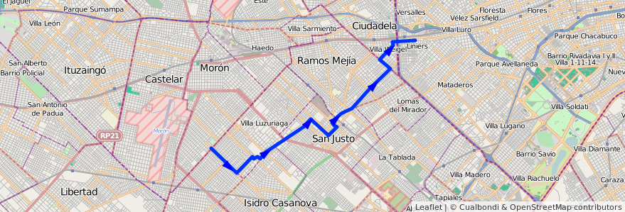 Mapa del recorrido B5 R1 Liniers-SIAM de la línea 174 en Buenos Aires.
