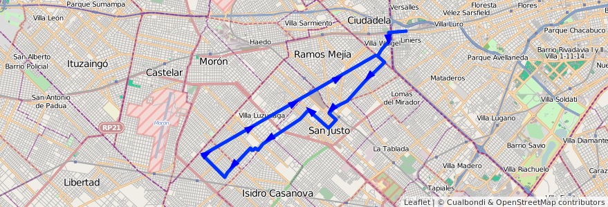 Mapa del recorrido B5 R2 Liniers-SIAM de la línea 174 en Partido de La Matanza.