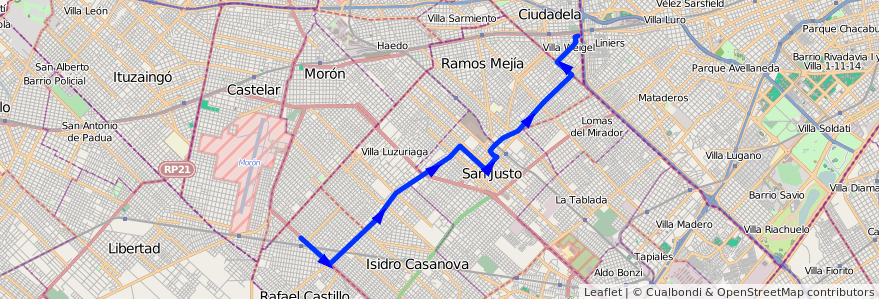 Mapa del recorrido B6 Liniers-R.Castillo de la línea 174 en Partido de La Matanza.