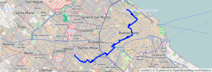 Mapa del recorrido Barrancas-Don Bosco de la línea 55 en Аргентина.