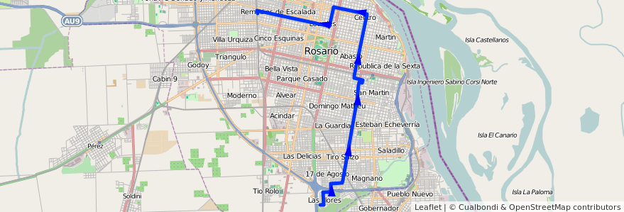 Mapa del recorrido Base de la línea 140 en Rosario.