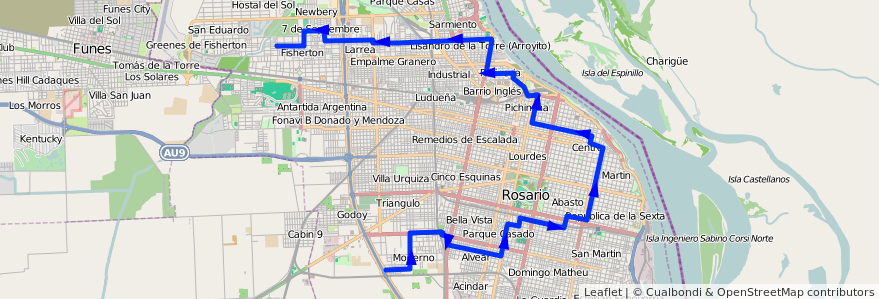 Mapa del recorrido Base de la línea 110 en Rosario.