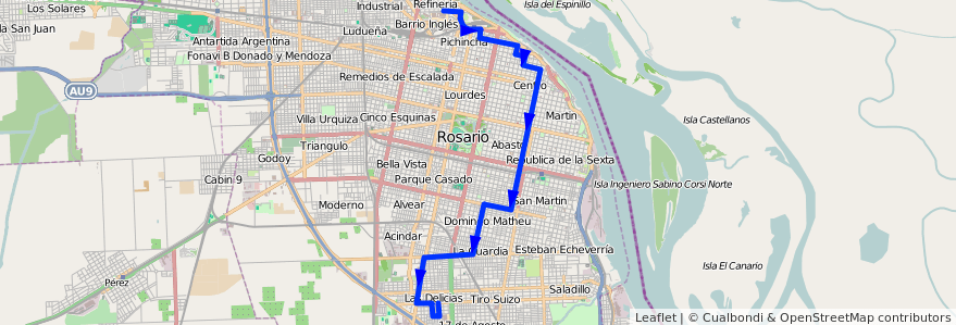 Mapa del recorrido Base de la línea 135 en Rosario.