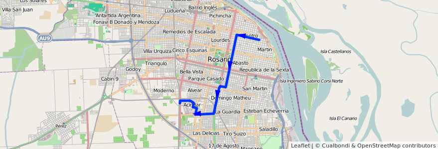 Mapa del recorrido Base de la línea 130 en Rosario.