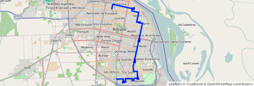 Mapa del recorrido Base de la línea 137 en Rosario.