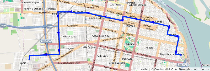 Mapa del recorrido Base de la línea 145 en Rosario.