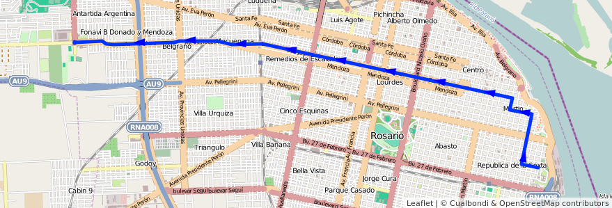 Mapa del recorrido Base de la línea K en Rosario.