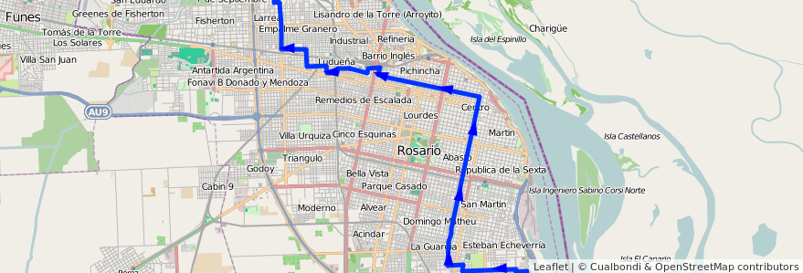 Mapa del recorrido Base de la línea 141 en روساريو.