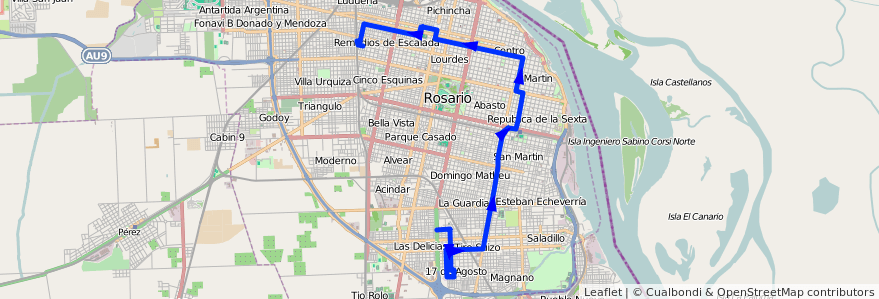 Mapa del recorrido Base de la línea 138 en Rosario.