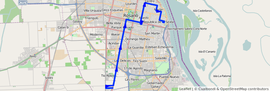 Mapa del recorrido Base de la línea 131 en روساريو.