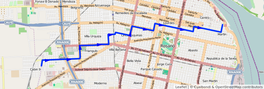 Mapa del recorrido Base de la línea 123 en Rosario.