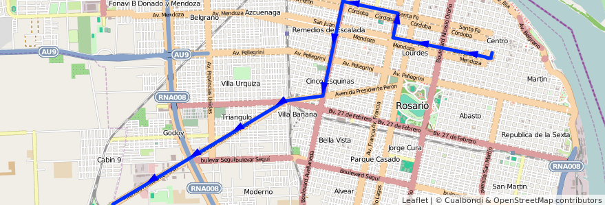 Mapa del recorrido Base de la línea Metropolitana en Rosario.