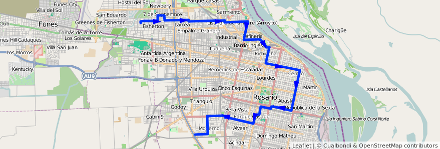 Mapa del recorrido Base de la línea 110 en Rosário.