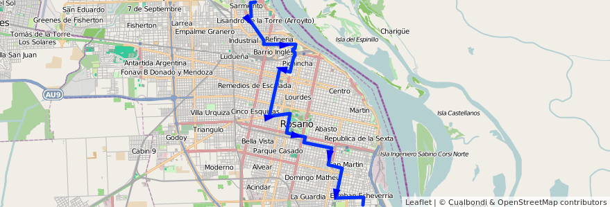 Mapa del recorrido Base de la línea 113 en Rosário.