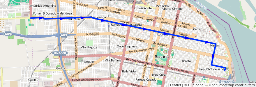 Mapa del recorrido Base de la línea K en Rosario.