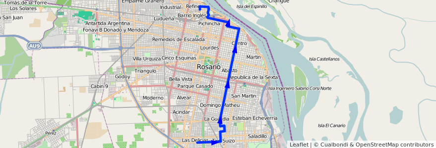 Mapa del recorrido Base de la línea 134 en Rosario.