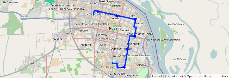 Mapa del recorrido Base de la línea 139 en Rosario.