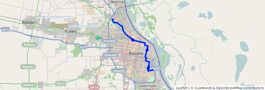 Mapa del recorrido Base de la línea 106 en Rosario.