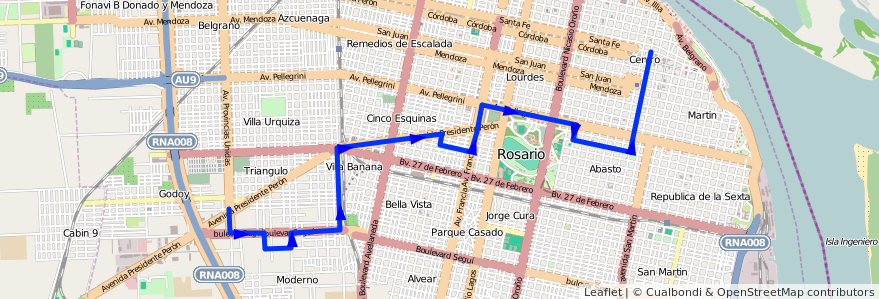 Mapa del recorrido Base de la línea 125 en Rosario.