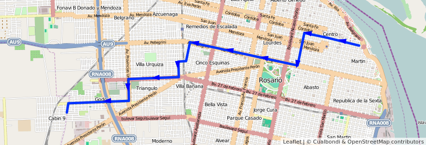 Mapa del recorrido Base de la línea 123 en Rosario.