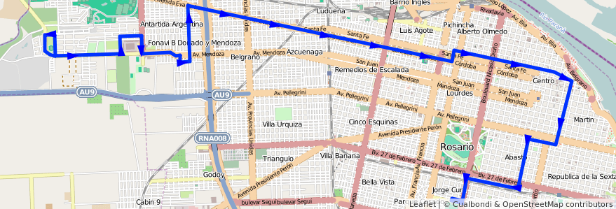 Mapa del recorrido Base de la línea 116 en Rosario.