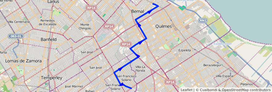 Mapa del recorrido Bernal-S.Fco Solano de la línea 219 en Partido de Quilmes.