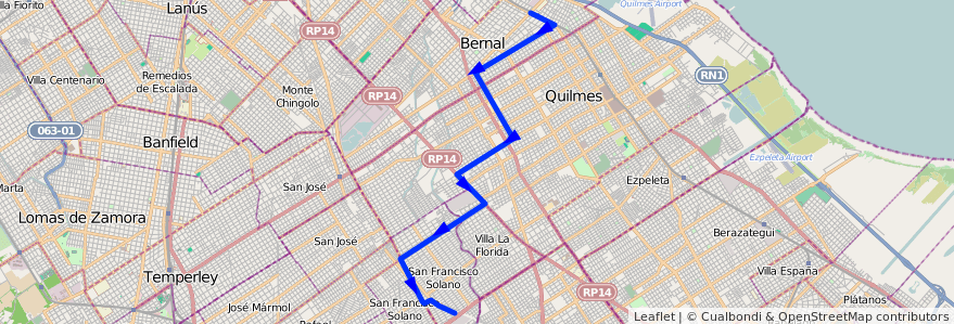 Mapa del recorrido Bernal-S.Fco Solano de la línea 219 en Partido de Quilmes.