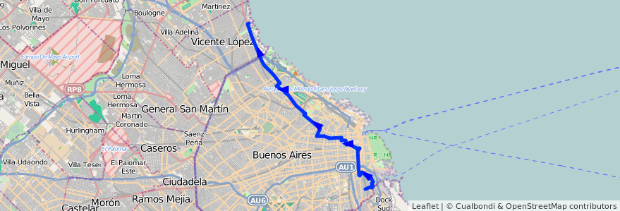 Mapa del recorrido Boca-Olivos de la línea 29 en Ciudad Autónoma de Buenos Aires.