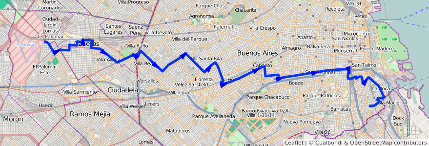 Mapa del recorrido Boca-Palomar de la línea 53 en Argentina.