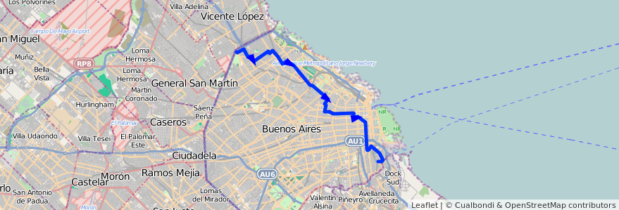 Mapa del recorrido Boca-Pque.Sarmiento de la línea 29 en 布宜诺斯艾利斯自治市.