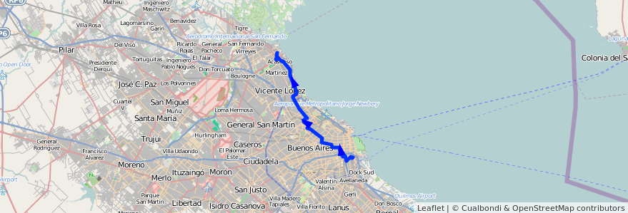 Mapa del recorrido Boca-San Isidro de la línea 168 en Argentine.