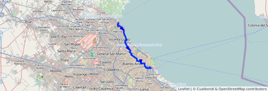 Mapa del recorrido Boca-San Isidro de la línea 168 en Arjantin.