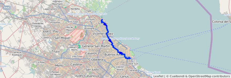 Mapa del recorrido Boca-San Isidro de la línea 168 en Argentinien.